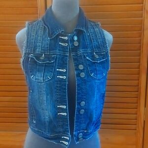 VANITY Denim Vest Jacket w/collar size med frayed sleeves button up med blue den